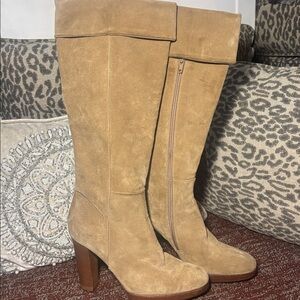 Fornarina light Tan Suede Knee-High Boots fold over top slouchy wooden heel boot